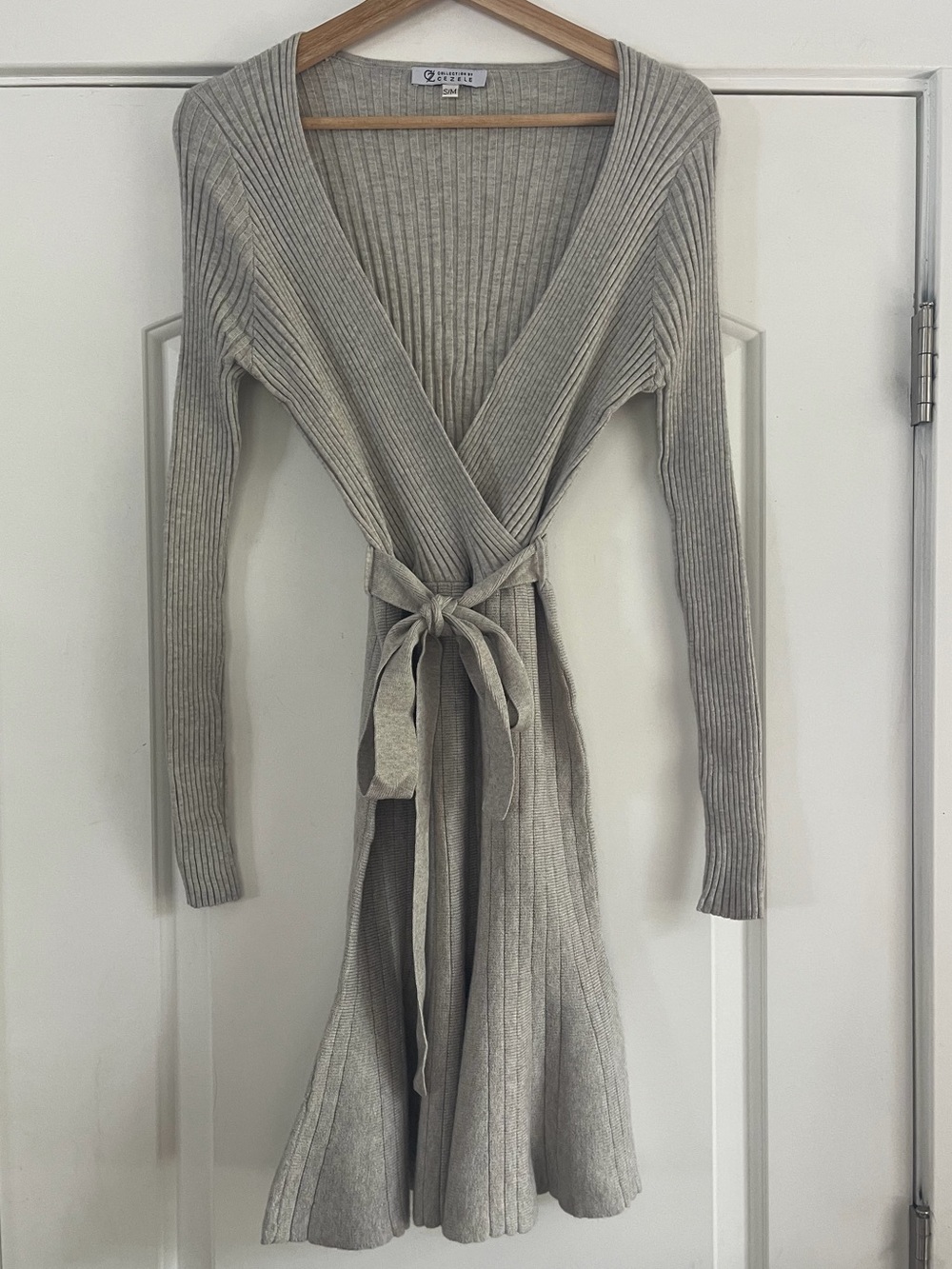 Cezele Ribbed Sweater Wrap Dress Gray - S